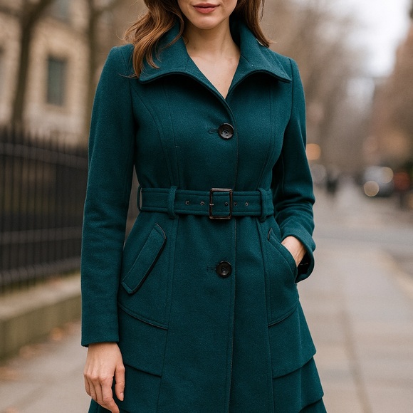Cozy Luxe Teal Wool Coat | Fit & Flare Belted Mid-Length Jacket - Picture 11 of 11